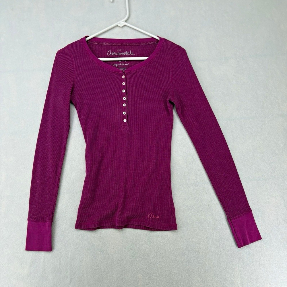 Aéropostale Y2K Waffle Knit Henley Long Sleeve T-Shirt Slim Stretch Women's M